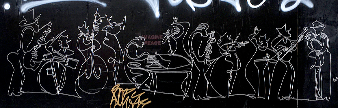 A large single line illustration in white on black of jazz musicians performing