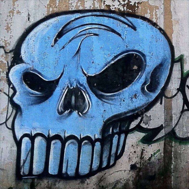 A large spray painted graffiti of a blue skull
