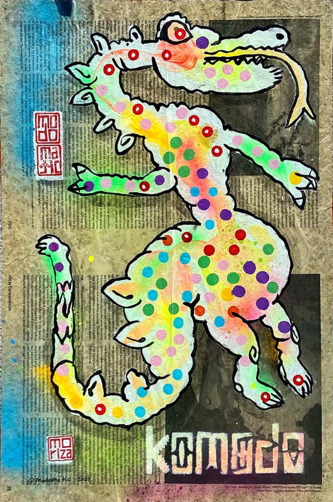 A white dragon with a black outline filled with colorful spots drawn on an old newspaper and pasted up on a wall.