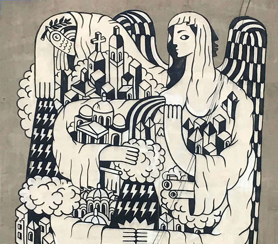 A large black and white mural painting of an angel protecting a city