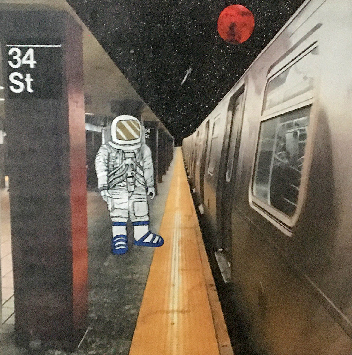 A sticker illustration of an astronaut commuter stands on the 34th Street subway platform