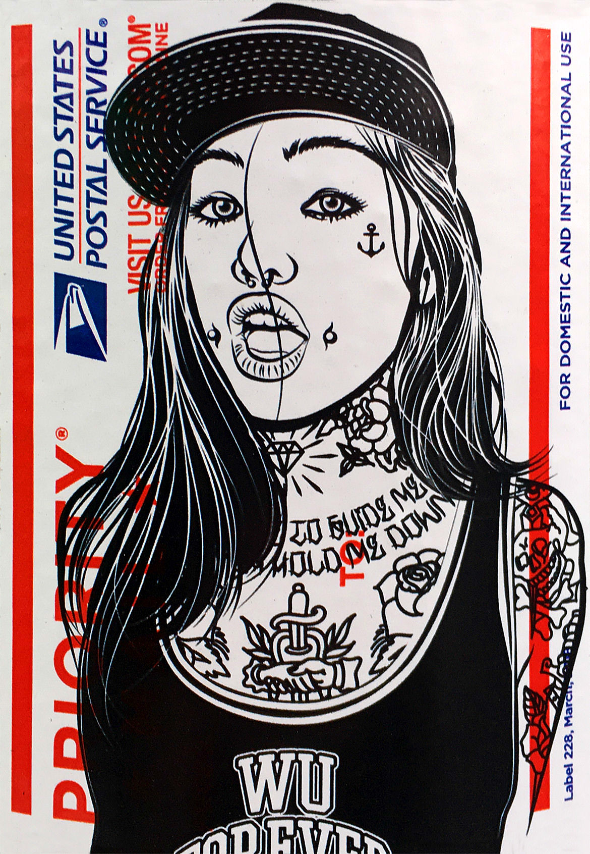 An illustration on a post office label of a tattooed girl wearing a baseball cap and tank top which reads "wu forever"